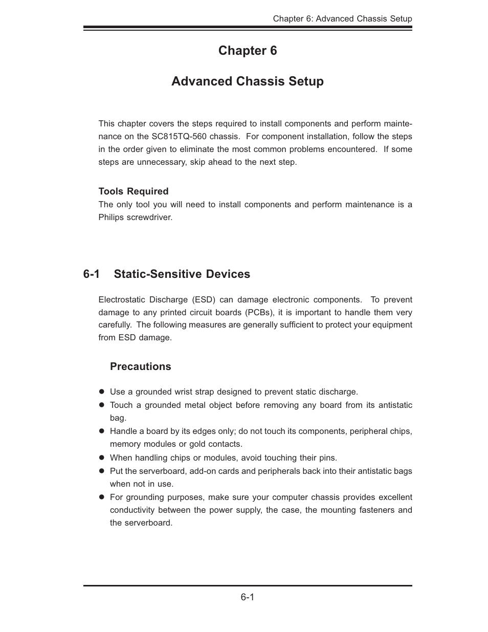 Chapter 6 advanced chassis setup, 1 static-sensitive devices | SUPER MICRO Computer SUPERSERVER 6015B-3 User Manual | Page 59 / 144