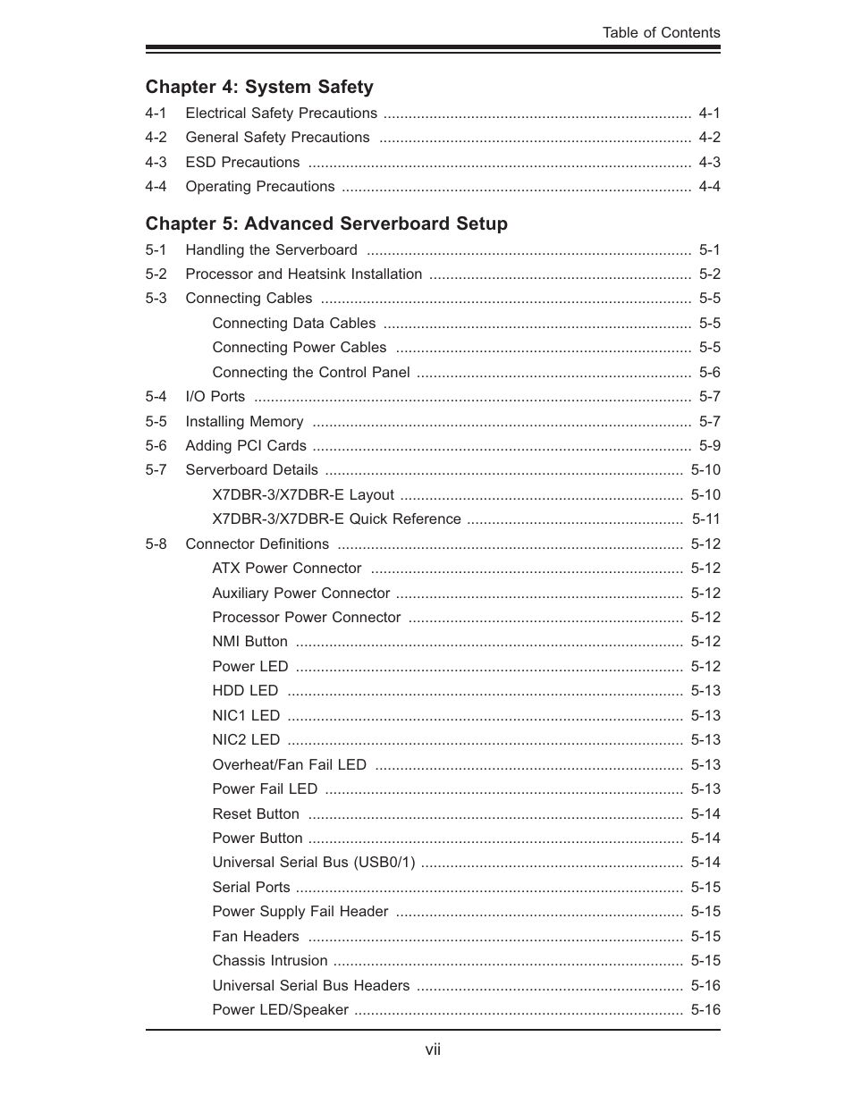 Chapter 4: system safety, Chapter 5: advanced serverboard setup | SUPER MICRO Computer SUPERSERVER 6015B-3 User Manual | Page 7 / 144