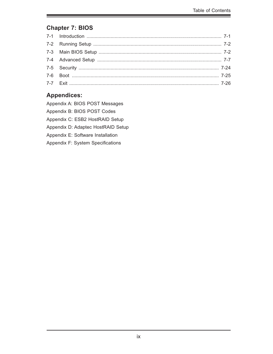 Chapter 7: bios, Appendices | SUPER MICRO Computer SUPERSERVER 6015B-3 User Manual | Page 9 / 144