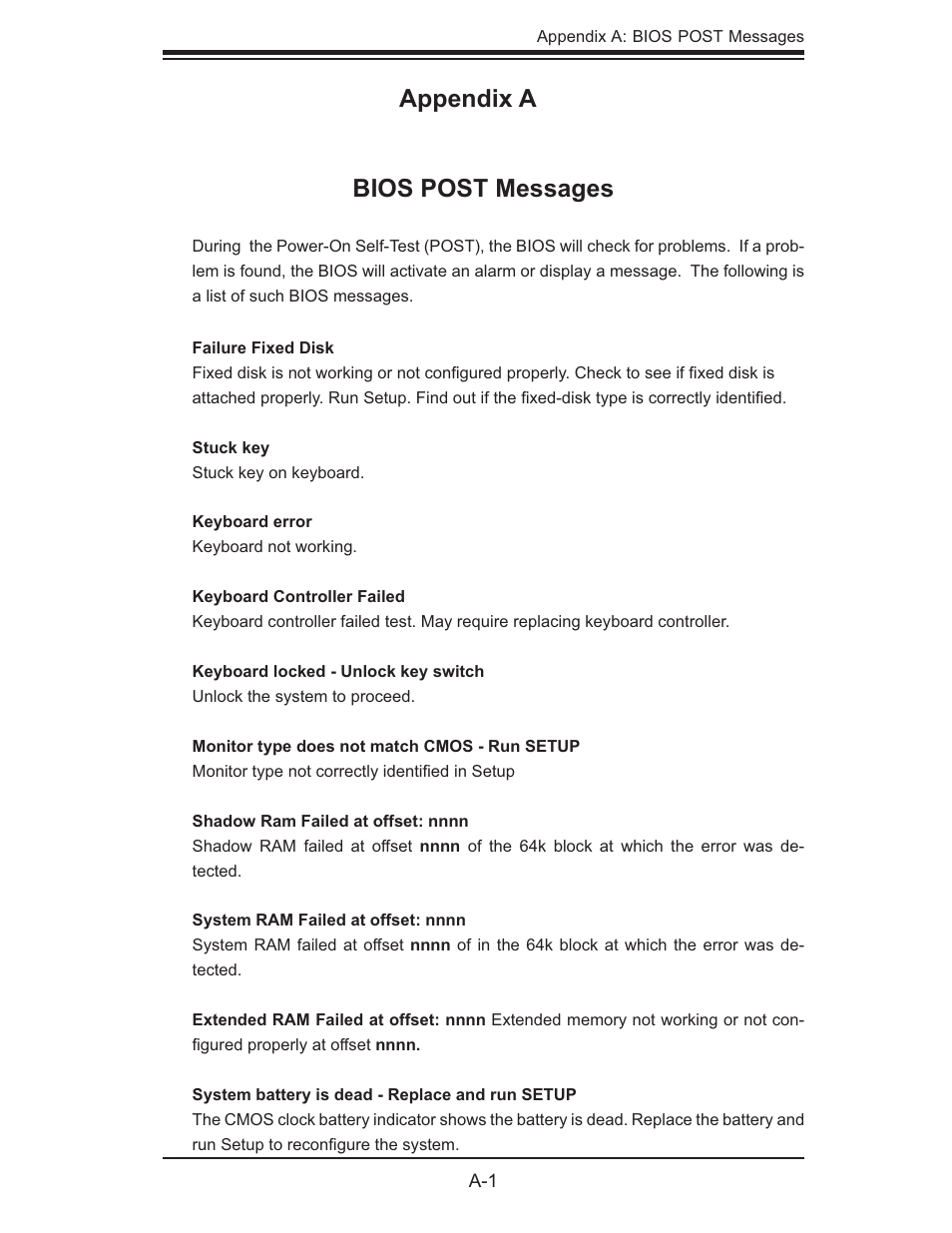 Appendix a bios post messages | SUPER MICRO Computer SUPERSERVER 6015B-3 User Manual | Page 95 / 144