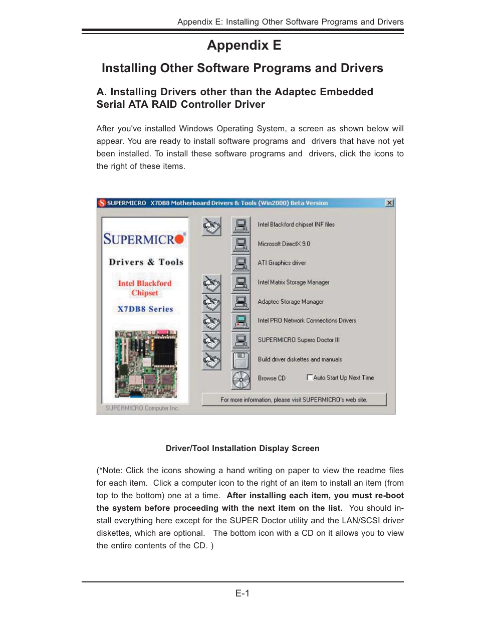 Appendix e, Installing other software programs and drivers | SUPER MICRO Computer SUPER X7DB8 User Manual | Page 127 / 130