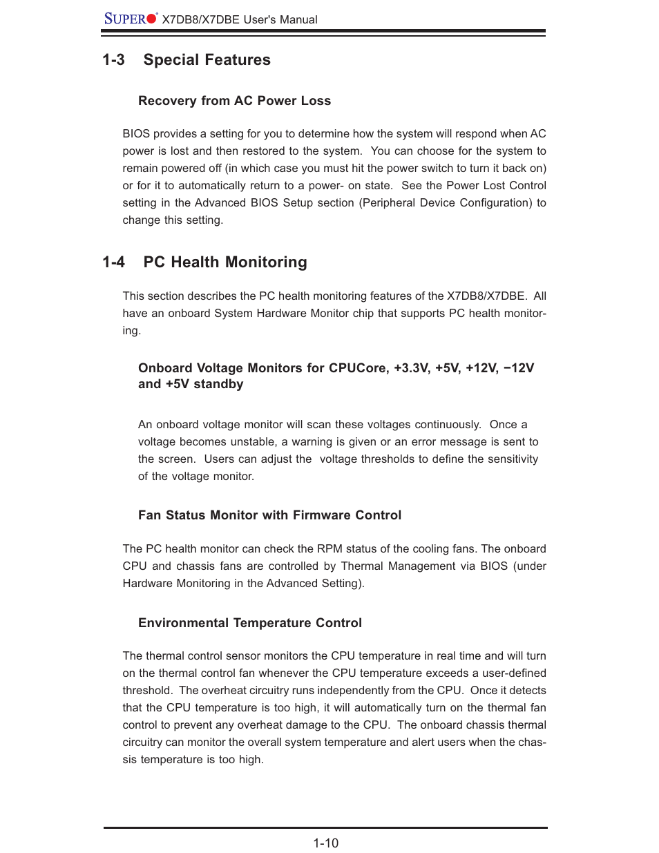 3 special features, 4 pc health monitoring | SUPER MICRO Computer SUPER X7DB8 User Manual | Page 16 / 130
