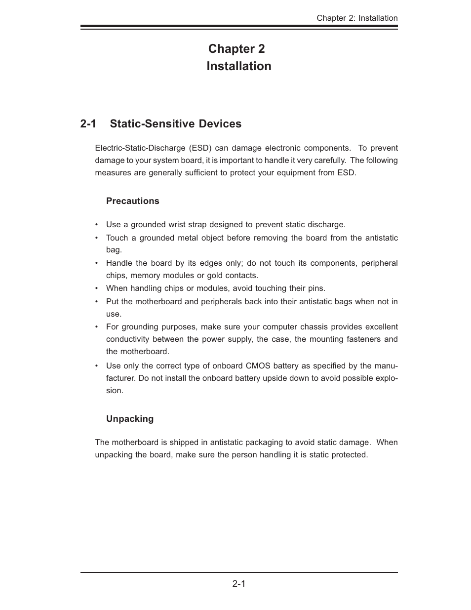 Chapter 2 installation, 1 static-sensitive devices | SUPER MICRO Computer SUPER X7DB8 User Manual | Page 21 / 130