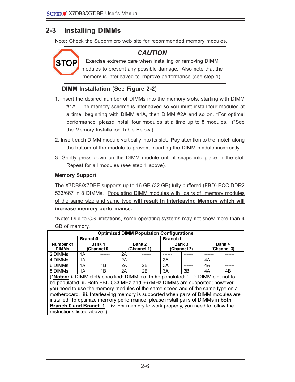 3 installing dimms, Caution | SUPER MICRO Computer SUPER X7DB8 User Manual | Page 26 / 130