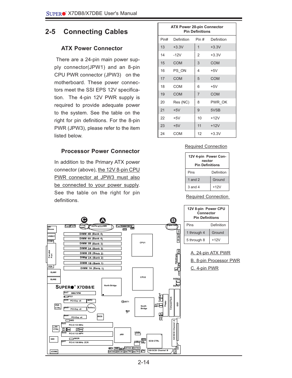 5 connecting cables, Atx power connector, Processor power connector | X7db8/x7dbe user's manual, Required connection | SUPER MICRO Computer SUPER X7DB8 User Manual | Page 34 / 130