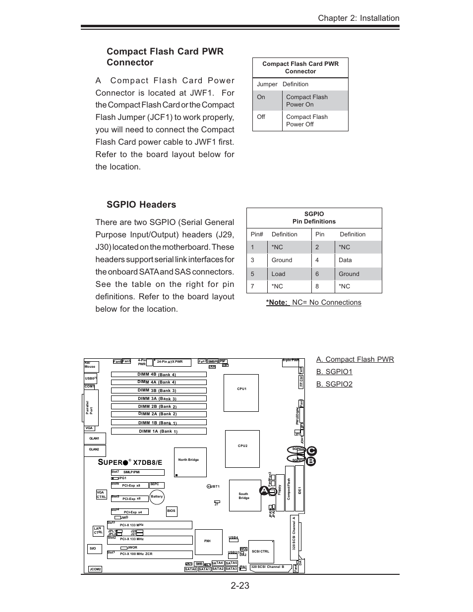 Compact flash card pwr connector, Sgpio headers, Chapter 2: installation | A. compact flash pwr b. sgpio1 b. sgpio2, Uper x7db8/e | SUPER MICRO Computer SUPER X7DB8 User Manual | Page 43 / 130