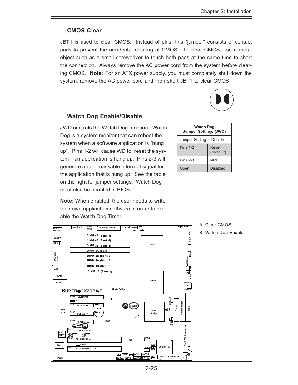 Cmos clear, Watch dog enable/disable, Chapter 2: installation | A. clear cmos b. watch dog enable, Uper x7db8/e | SUPER MICRO Computer SUPER X7DB8 User Manual | Page 45 / 130