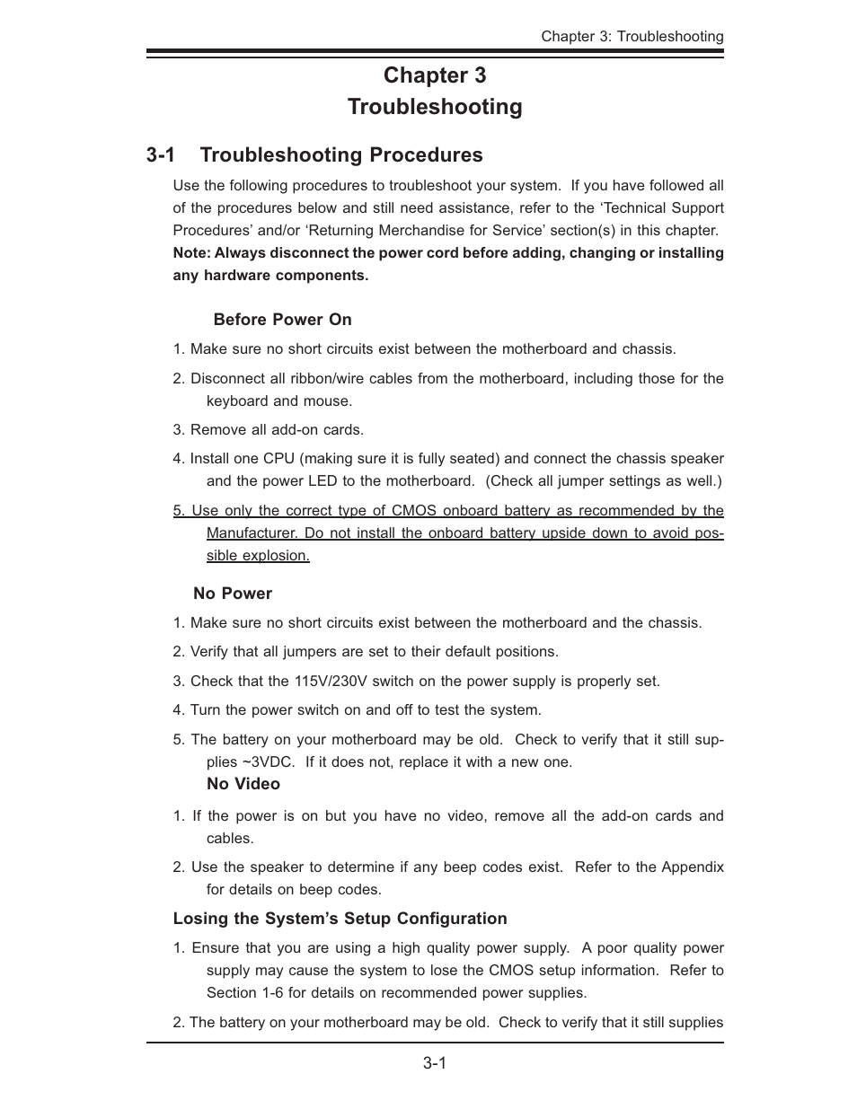 Chapter 3 troubleshooting, 1 troubleshooting procedures | SUPER MICRO Computer SUPER X7DB8 User Manual | Page 55 / 130