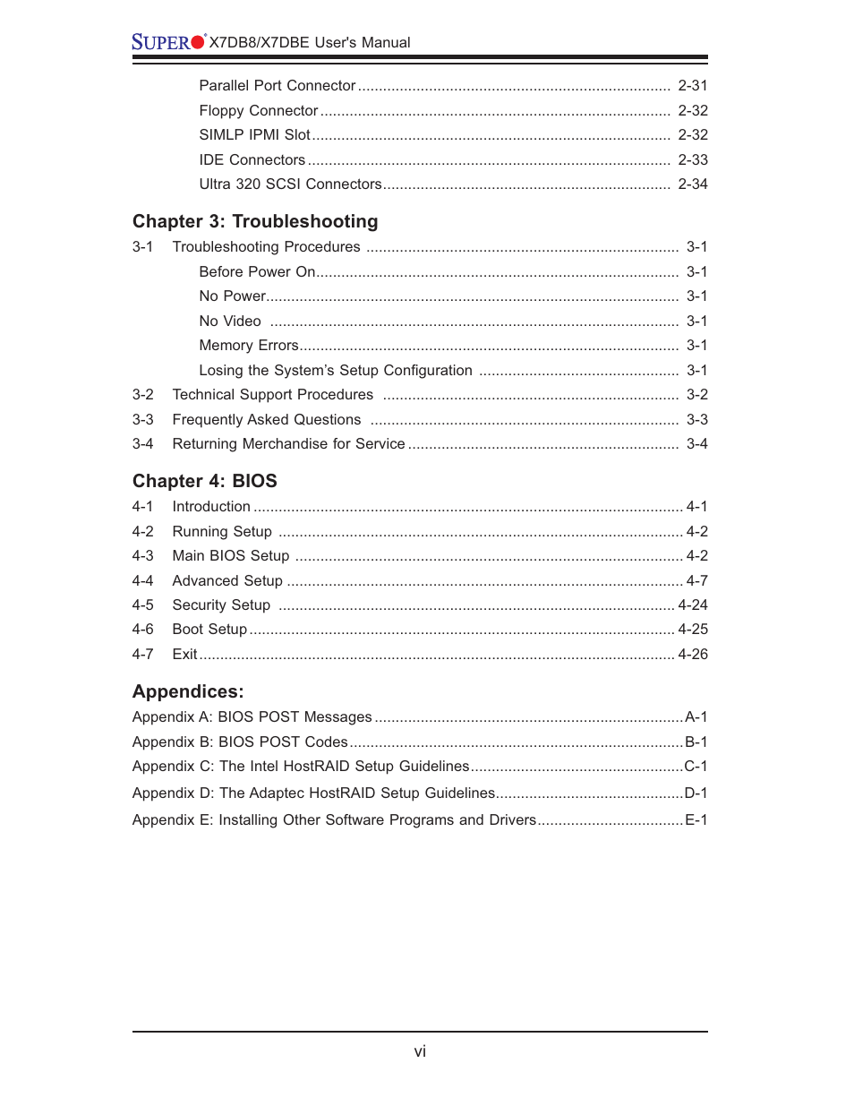 Chapter 3: troubleshooting, Chapter 4: bios, Appendices | SUPER MICRO Computer SUPER X7DB8 User Manual | Page 6 / 130
