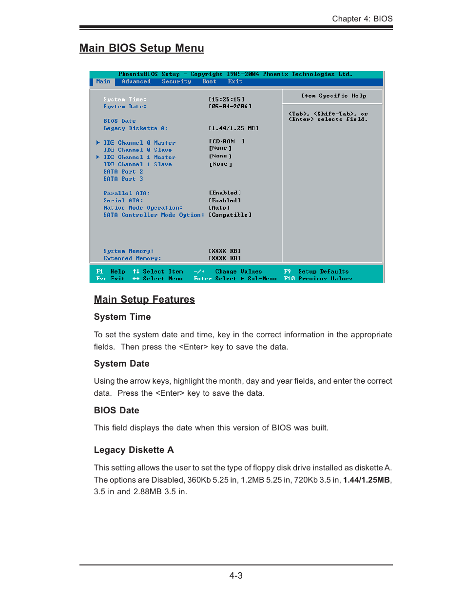 Main bios setup menu | SUPER MICRO Computer SUPER X7DB8 User Manual | Page 61 / 130