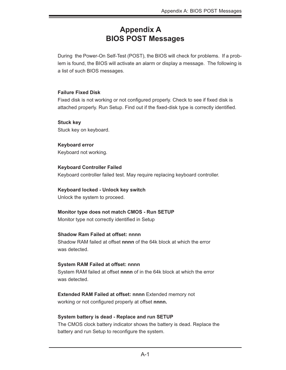 Appendix a bios post messages | SUPER MICRO Computer SUPER X7DB8 User Manual | Page 85 / 130