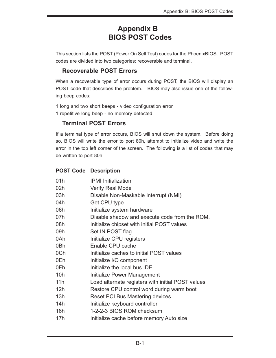 Appendix b bios post codes | SUPER MICRO Computer SUPER X7DB8 User Manual | Page 91 / 130