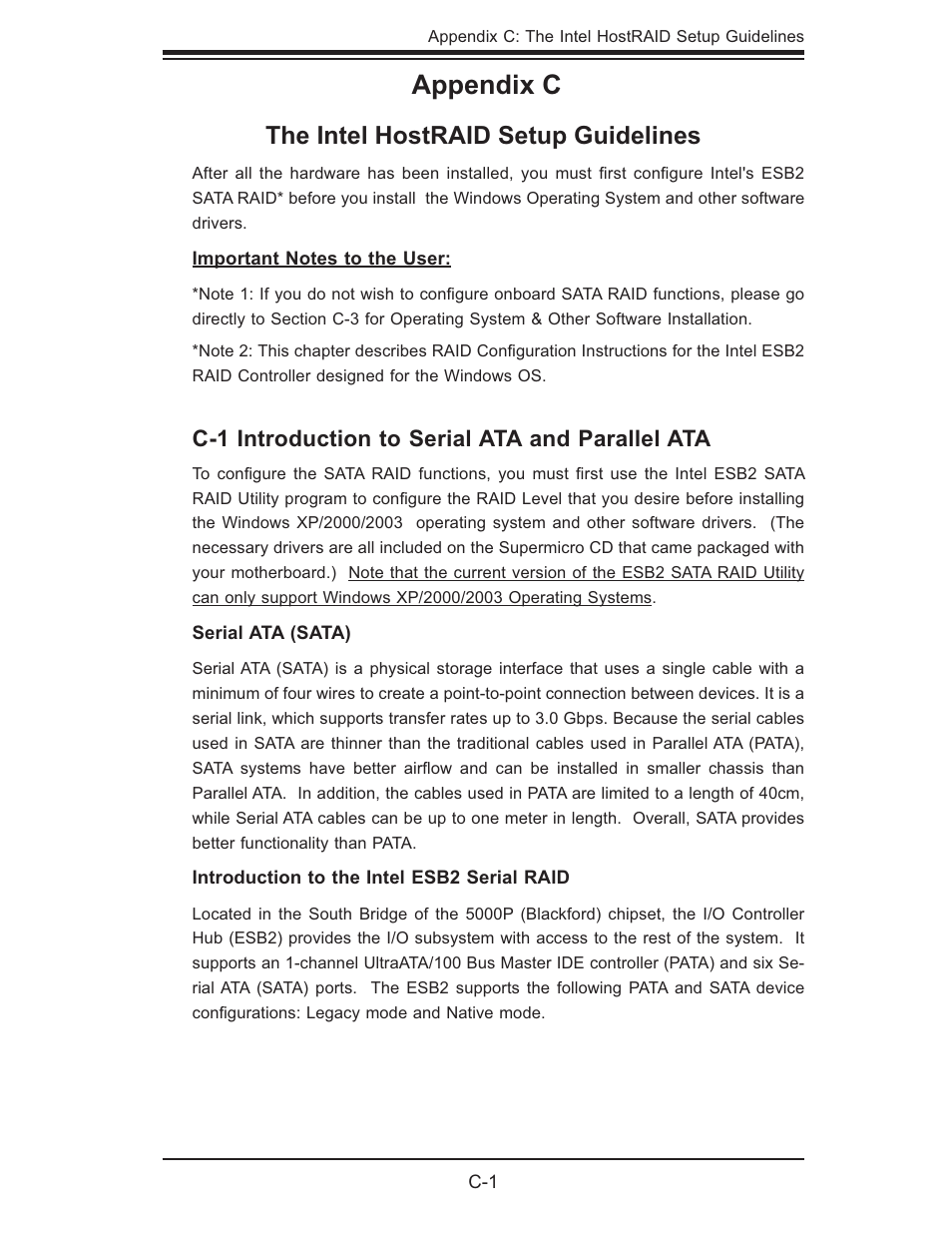 Appendix c, The intel hostraid setup guidelines, C-1 introduction to serial ata and parallel ata | SUPER MICRO Computer SUPER X7DB8 User Manual | Page 97 / 130