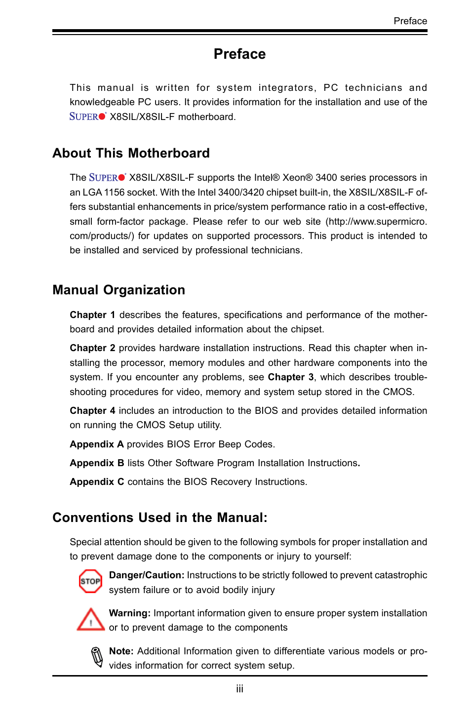 Preface, About this motherboard, Manual organization | Conventions used in the manual | SUPER MICRO Computer X8SIL User Manual | Page 3 / 101