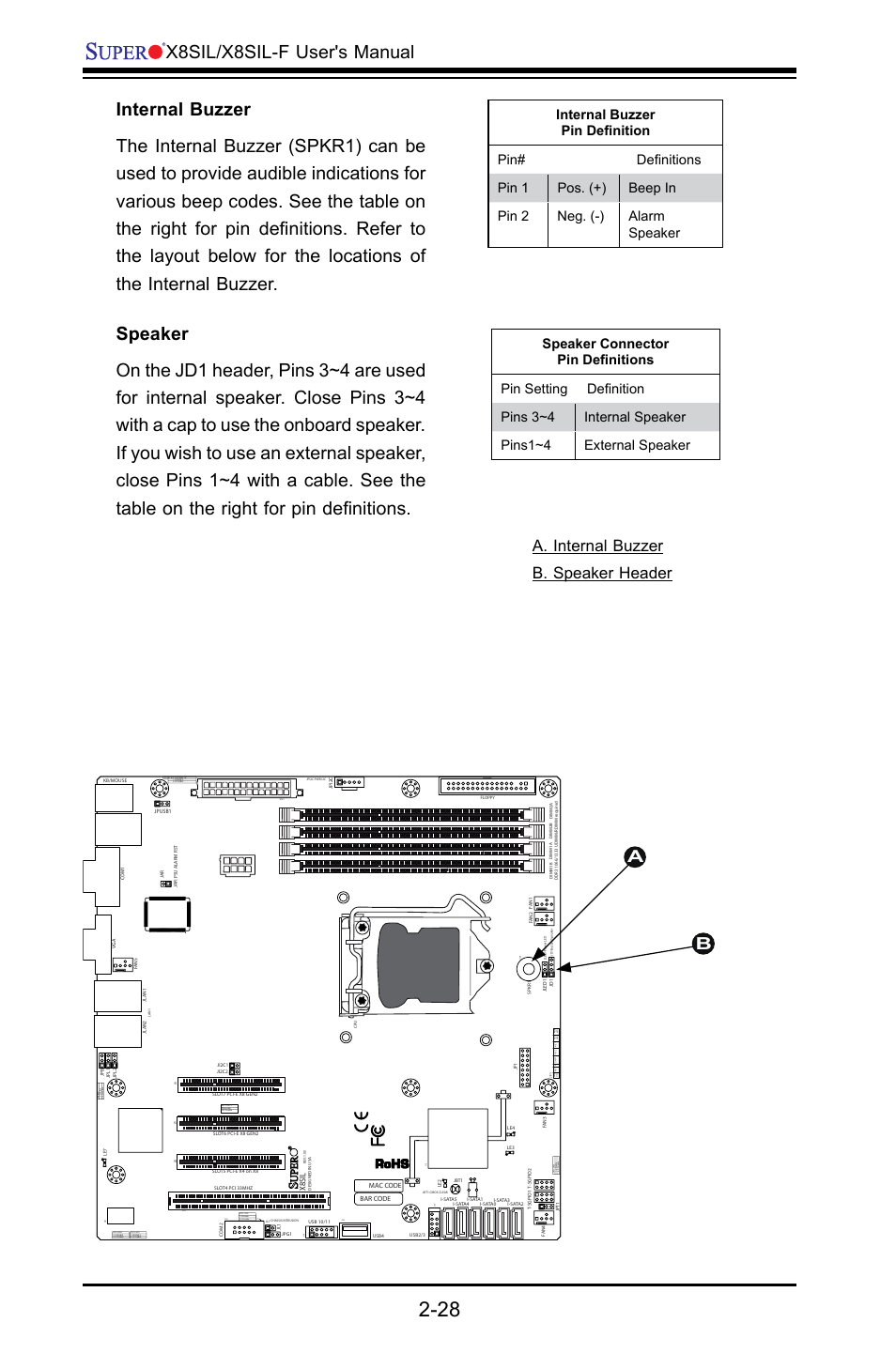 A. internal buzzer b. speaker header, X8sil | SUPER MICRO Computer X8SIL User Manual | Page 50 / 101