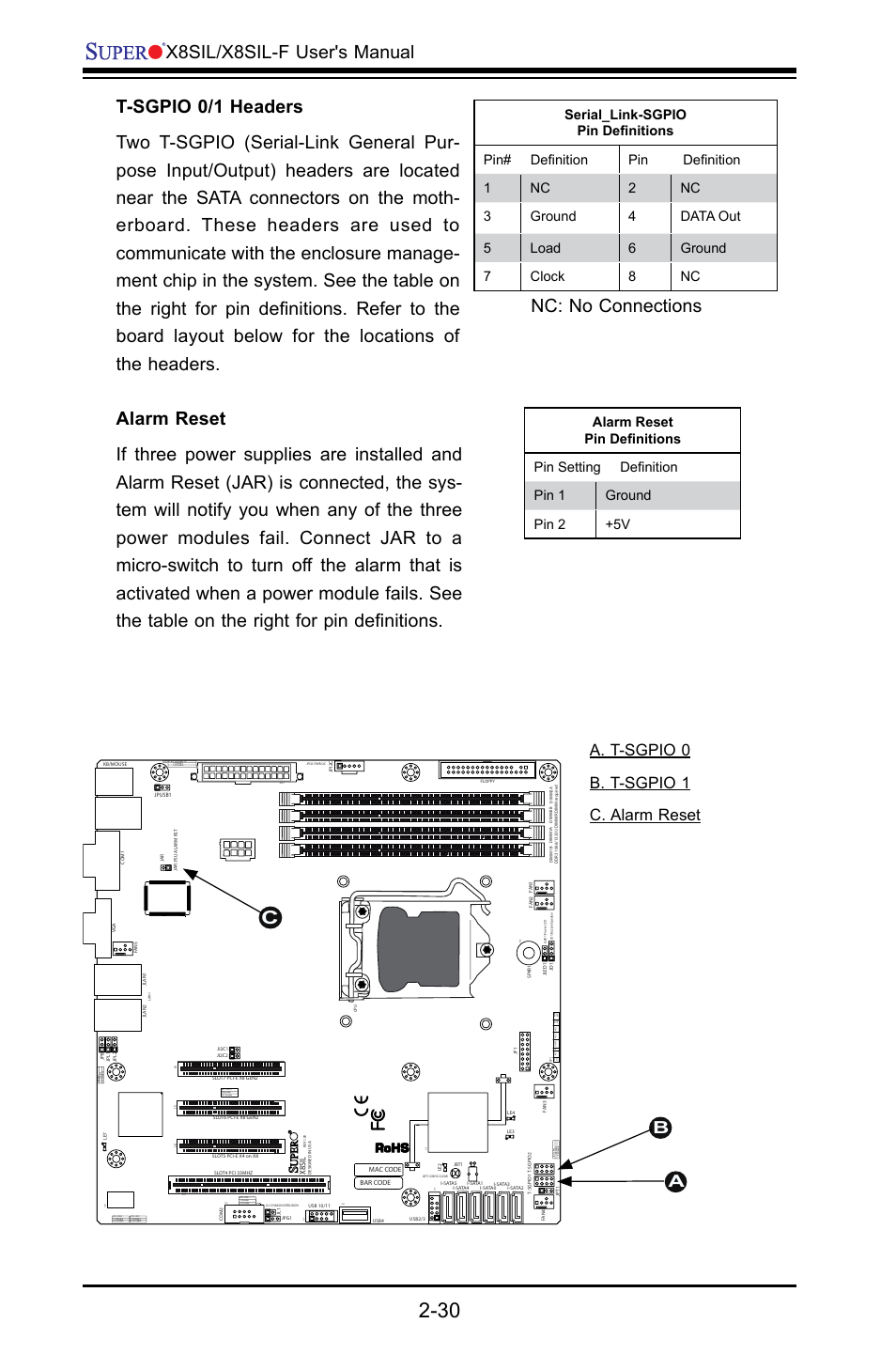 X8sil/x8sil-f user's manual, A. t-sgpio 0 b. t-sgpio 1 c. alarm reset | SUPER MICRO Computer X8SIL User Manual | Page 52 / 101