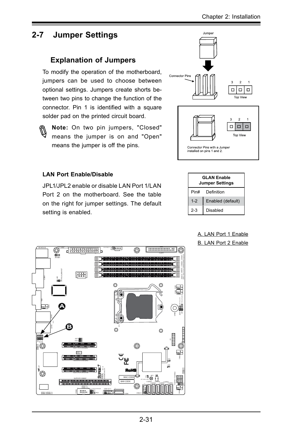 7 jumper settings, Explanation of jumpers, Chapter 2: installation | Aa. lan port 1 enable b. lan port 2 enable, X8sil | SUPER MICRO Computer X8SIL User Manual | Page 53 / 101