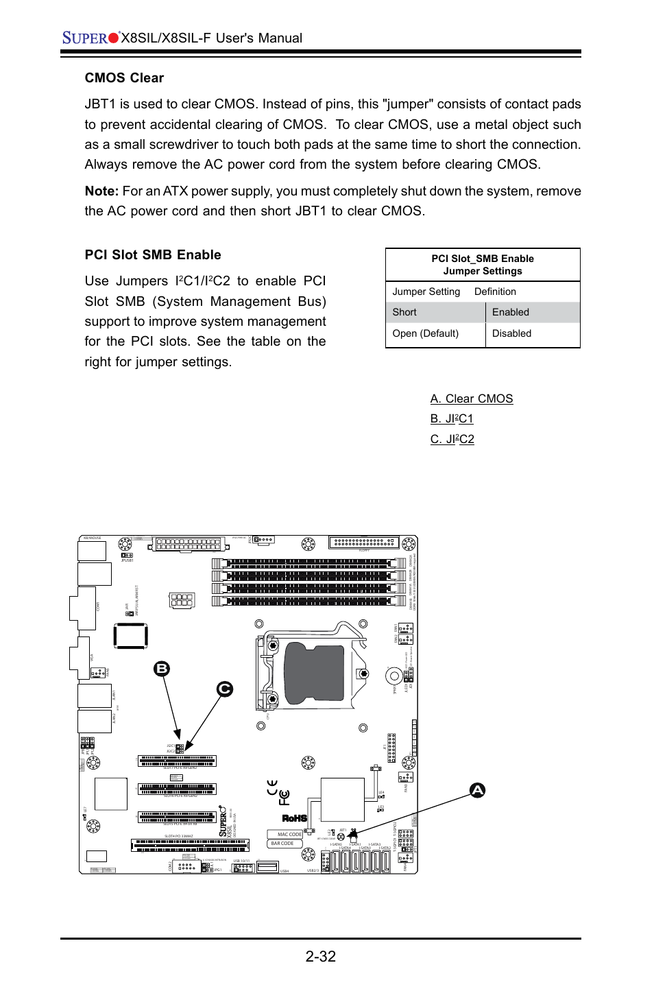 Pci slot smb enable use jumpers i, C1/i, Aa. clear cmos b. ji | C1 c. ji, C2 b, X8sil | SUPER MICRO Computer X8SIL User Manual | Page 54 / 101