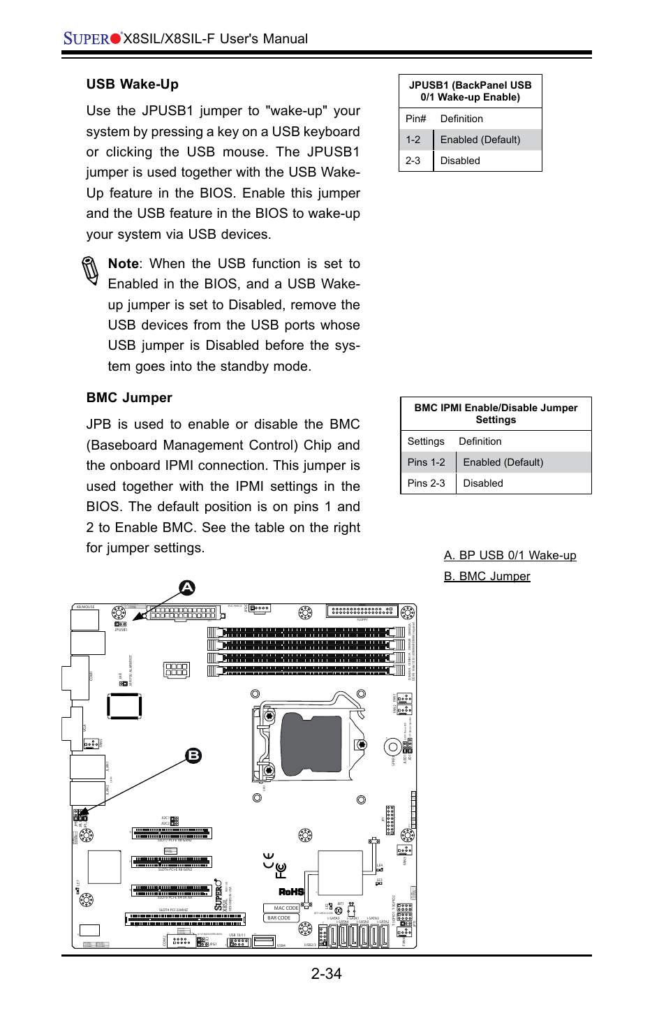 X8sil/x8sil-f user's manual, Aa. bp usb 0/1 wake-up b. bmc jumper, X8sil | SUPER MICRO Computer X8SIL User Manual | Page 56 / 101
