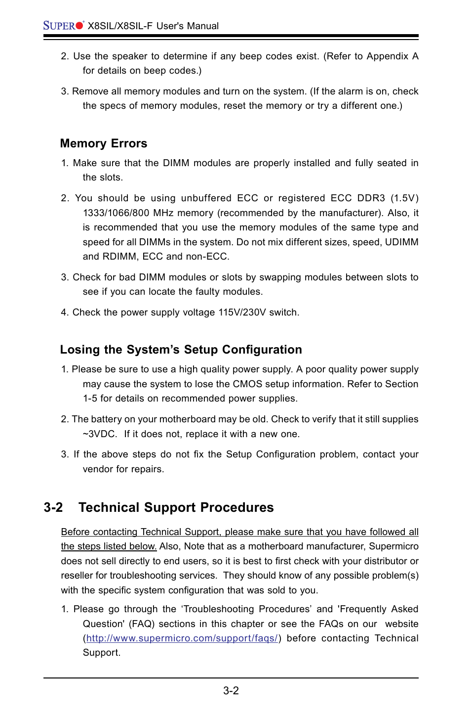 2 technical support procedures, Losing the system’s setup configuration | SUPER MICRO Computer X8SIL User Manual | Page 62 / 101