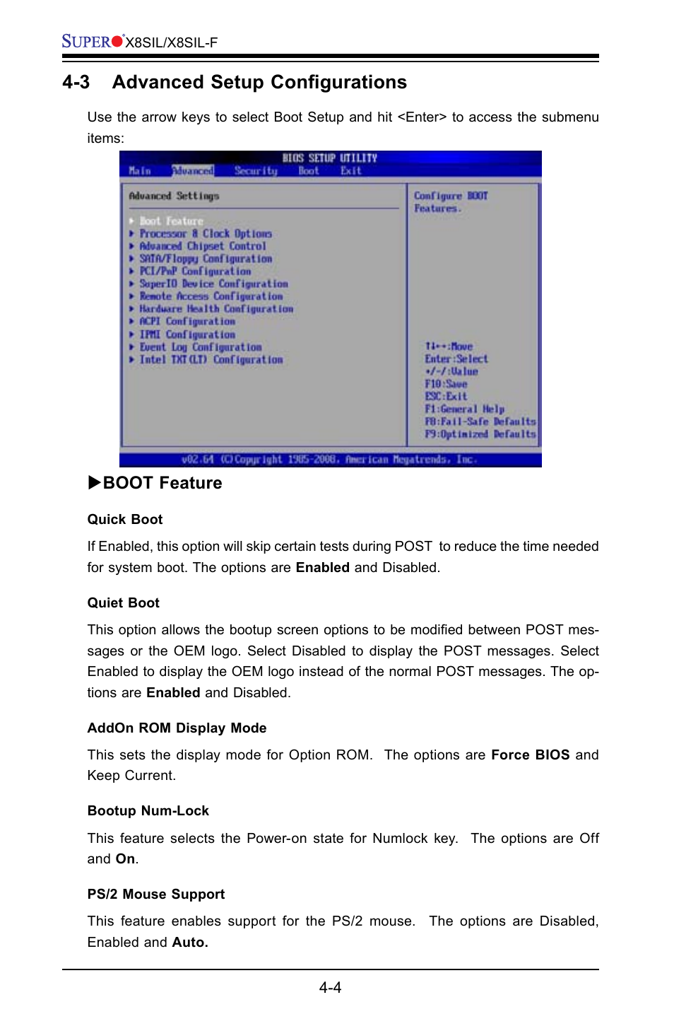 3 advanced setup configurations, Boot feature | SUPER MICRO Computer X8SIL User Manual | Page 72 / 101