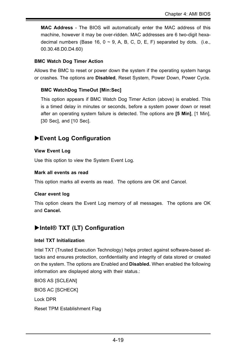 Event log configuration, Intel® txt (lt) configuration | SUPER MICRO Computer X8SIL User Manual | Page 87 / 101