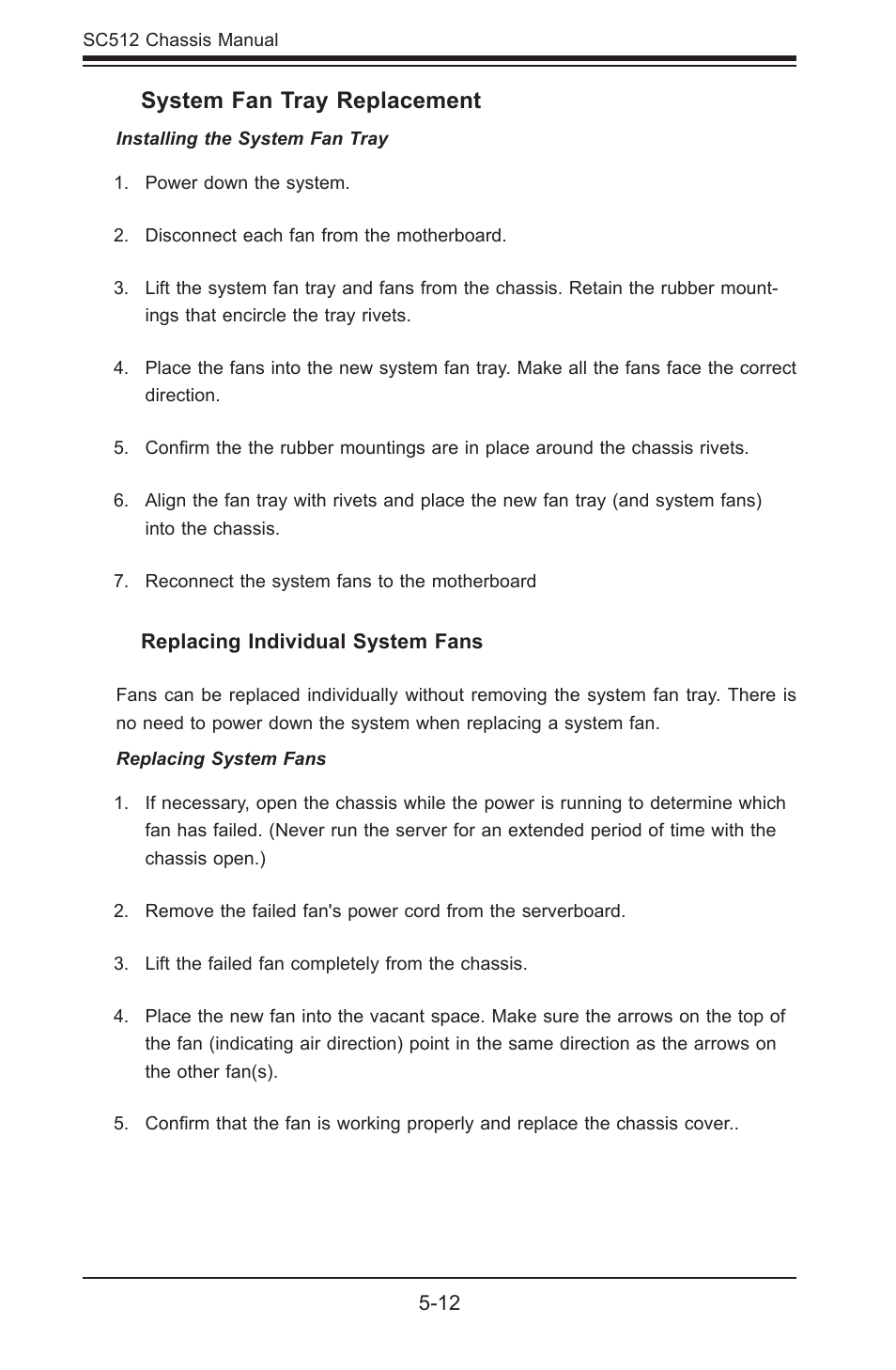 System fan tray replacement | SUPER MICRO Computer Supero SC512 User Manual | Page 42 / 68