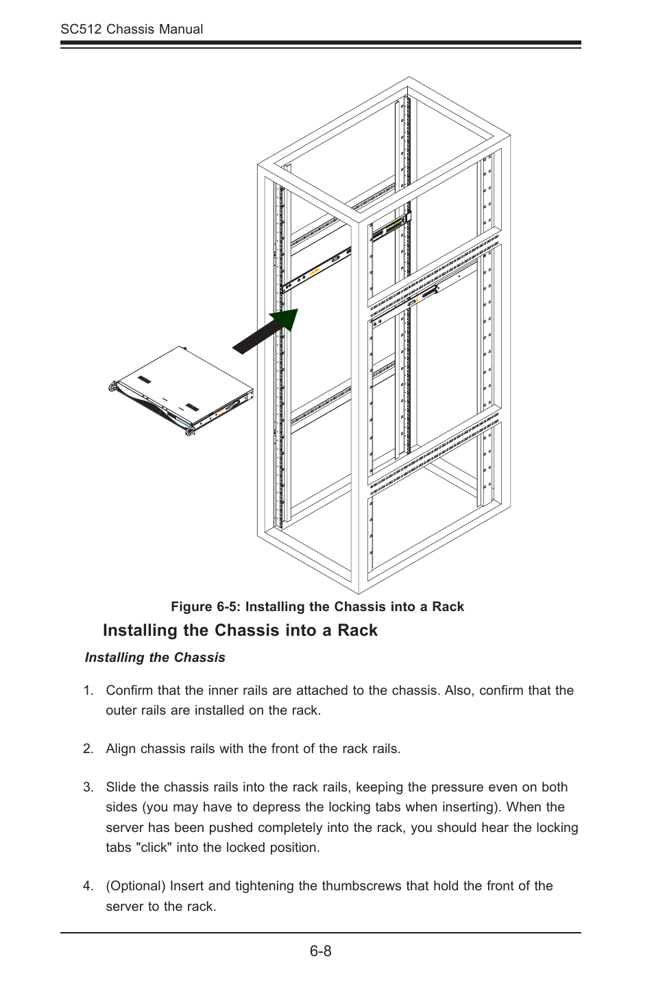 Installing the chassis into a rack | SUPER MICRO Computer Supero SC512 User Manual | Page 54 / 68