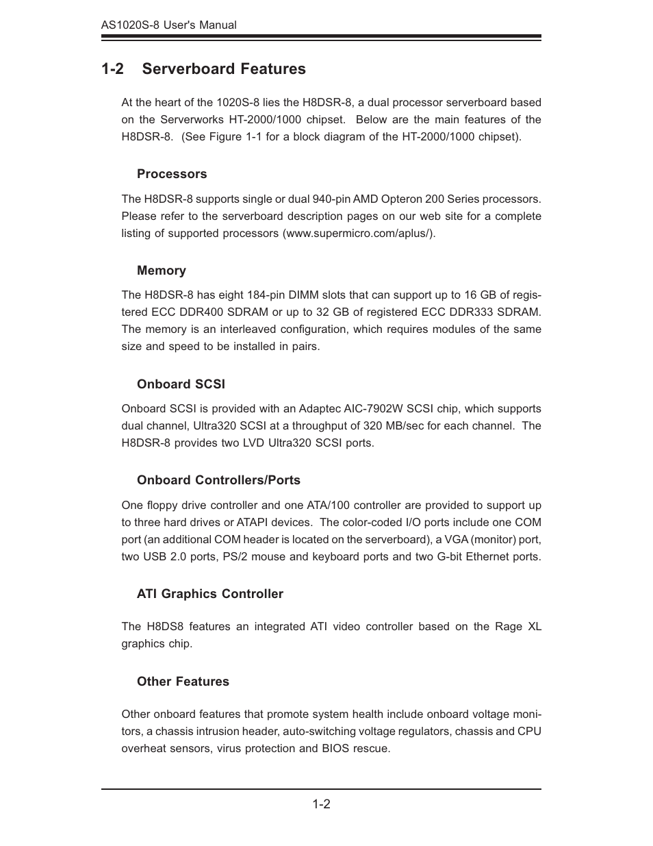 2 serverboard features | SUPER MICRO Computer AS1020S-8 User Manual | Page 12 / 102