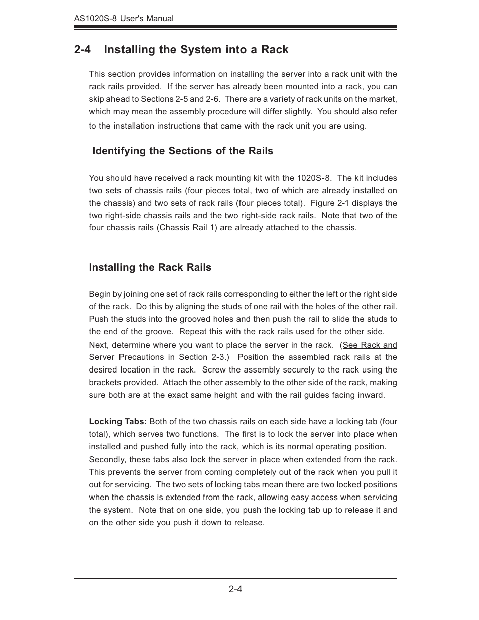 4 installing the system into a rack, Installing the rack rails | SUPER MICRO Computer AS1020S-8 User Manual | Page 20 / 102