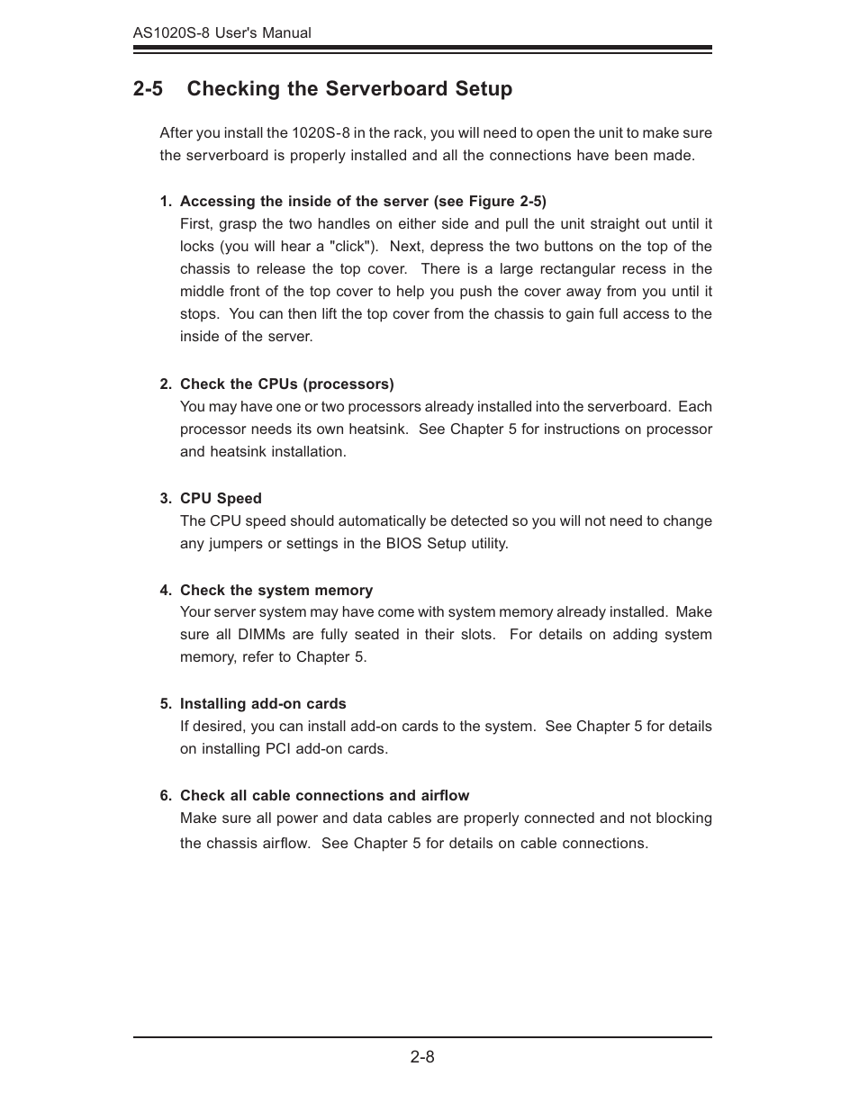 5 checking the serverboard setup | SUPER MICRO Computer AS1020S-8 User Manual | Page 24 / 102