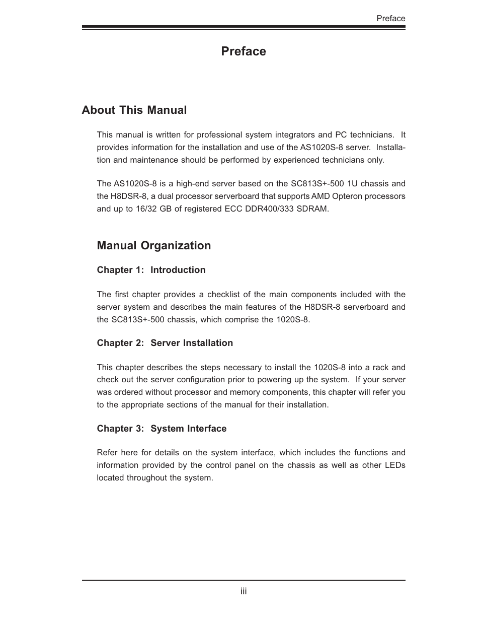 Preface, About this manual, Manual organization | SUPER MICRO Computer AS1020S-8 User Manual | Page 3 / 102