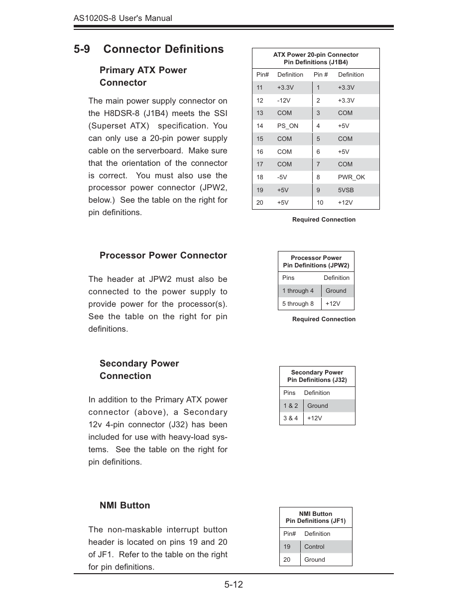 9 connector deﬁ nitions, Nmi button, Primary atx power connector | Secondary power connection, Processor power connector | SUPER MICRO Computer AS1020S-8 User Manual | Page 46 / 102