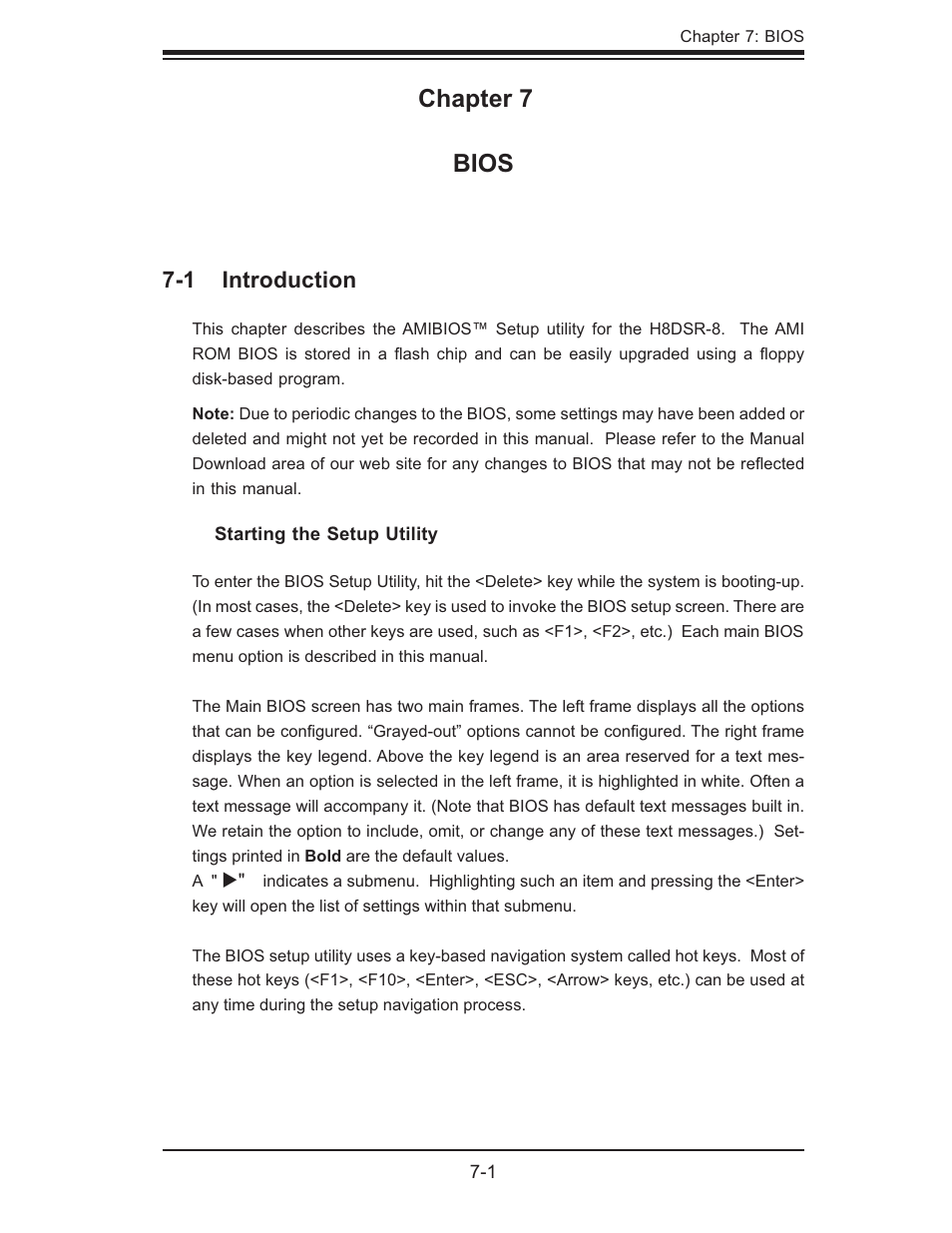 Chapter 7 bios, 1 introduction | SUPER MICRO Computer AS1020S-8 User Manual | Page 71 / 102