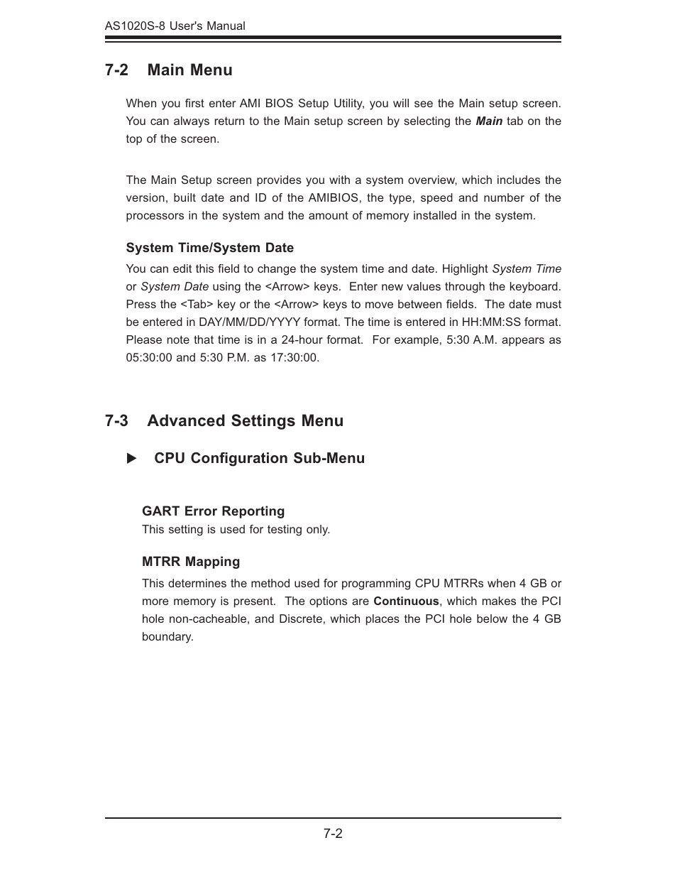 2 main menu, 3 advanced settings menu | SUPER MICRO Computer AS1020S-8 User Manual | Page 72 / 102