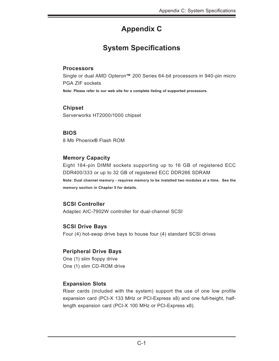 Appendix c system speciﬁ cations | SUPER MICRO Computer AS1020S-8 User Manual | Page 99 / 102