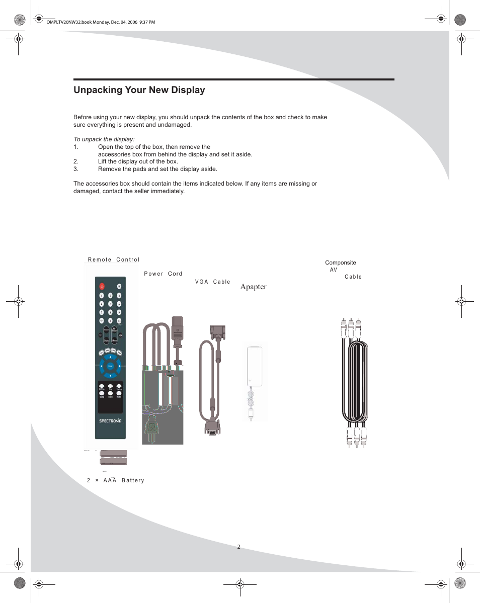 Unpacking your new display, Apapter | SpectronIQ PLTV-20NW32 User Manual | Page 10 / 34