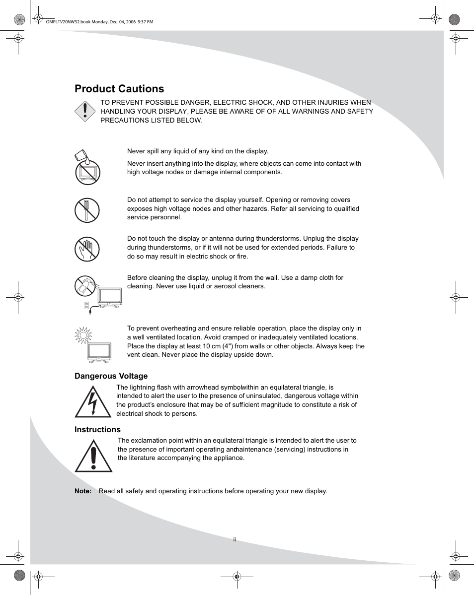 Product cautions | SpectronIQ PLTV-20NW32 User Manual | Page 4 / 34