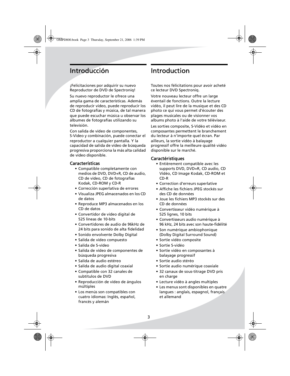Introduction, Caractéristiques, Introducción | Características | SpectronIQ PD-1100 User Manual | Page 15 / 92
