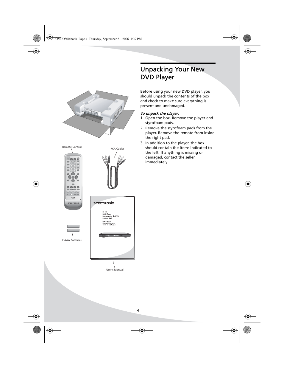 Unpacking your new dvd player | SpectronIQ PD-1100 User Manual | Page 16 / 92