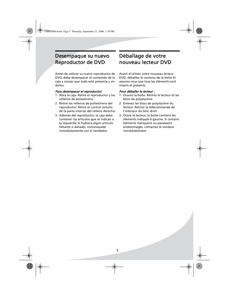 Déballage de votre nouveau lecteur dvd, Desempaque su nuevo reproductor de dvd | SpectronIQ PD-1100 User Manual | Page 17 / 92