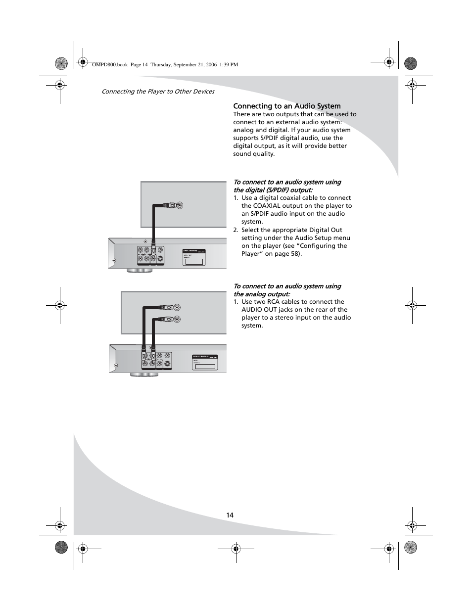 Connecting to an audio system, 14 connecting to an audio system, Pr r pb l y s-video video | SpectronIQ PD-1100 User Manual | Page 26 / 92