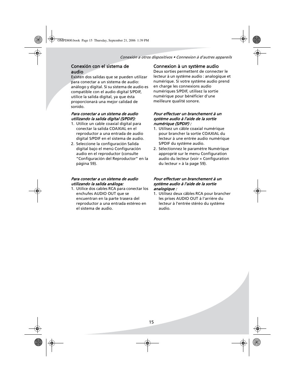 Connexion à un système audio, Conexión con el sistema de audio . 15 | SpectronIQ PD-1100 User Manual | Page 27 / 92