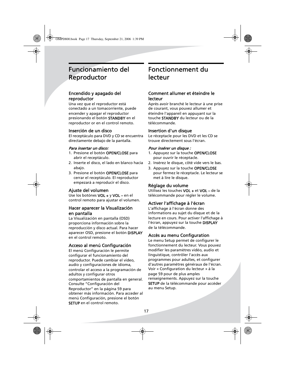 Fonctionnement du lecteur, Funcionamiento del reproductor | SpectronIQ PD-1100 User Manual | Page 29 / 92