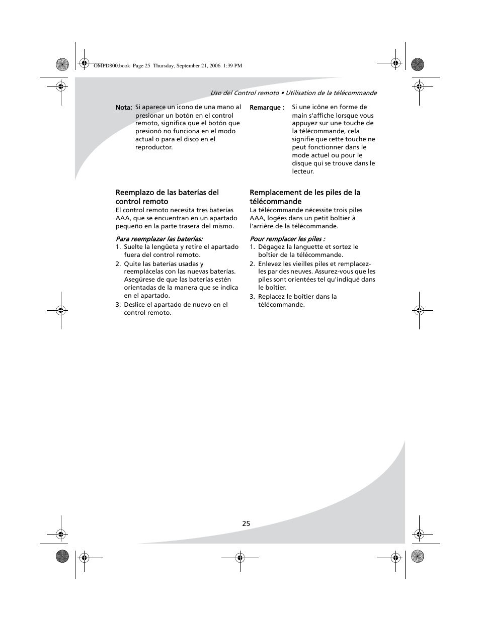 Remplacement de les piles de la télécommande, Reemplazo de las baterías del control remoto | SpectronIQ PD-1100 User Manual | Page 37 / 92