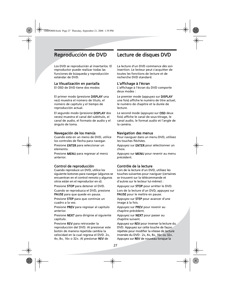 Lecture de disques dvd, Reproducción de dvd | SpectronIQ PD-1100 User Manual | Page 39 / 92