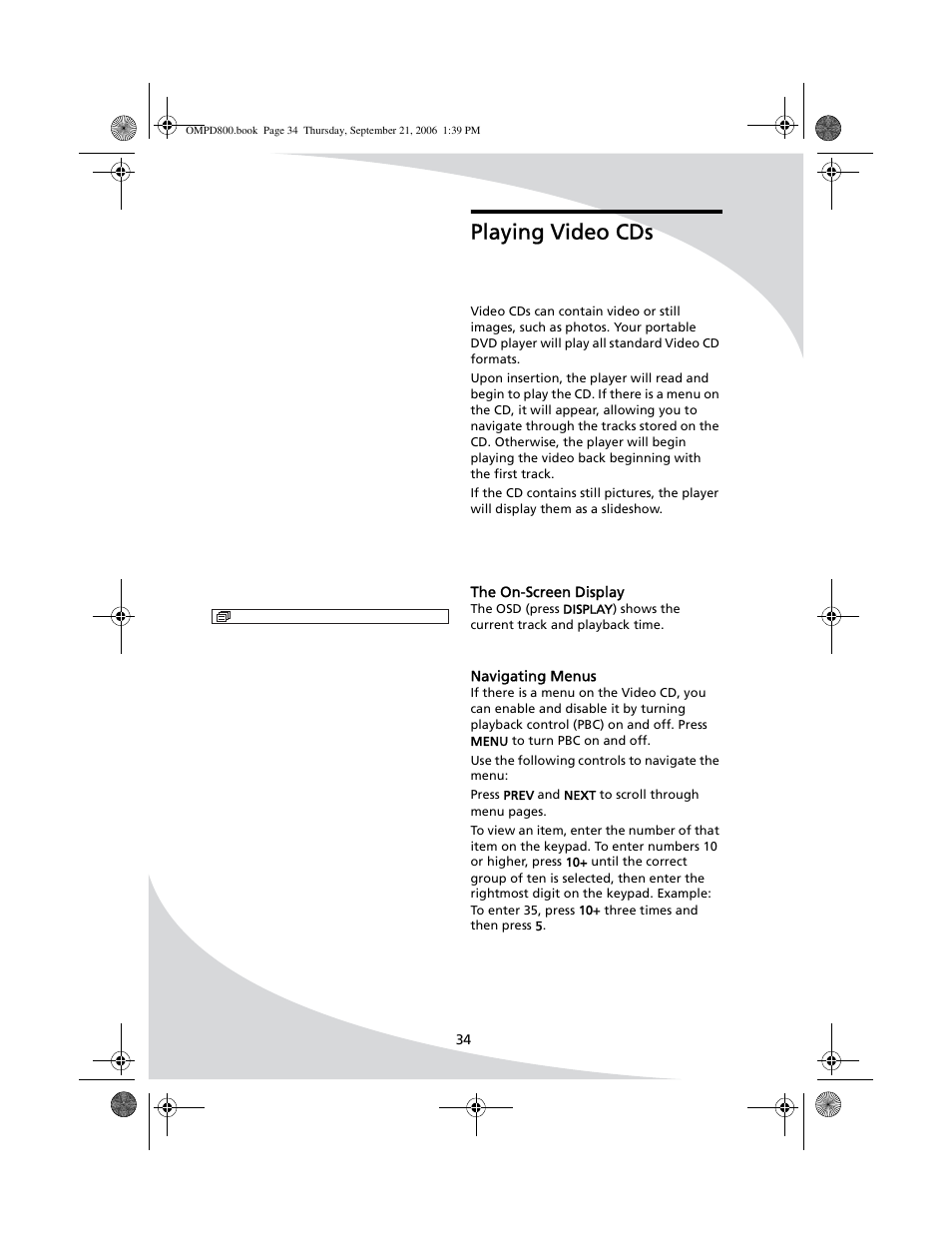Playing video cds, The on-screen display navigating menus | SpectronIQ PD-1100 User Manual | Page 46 / 92