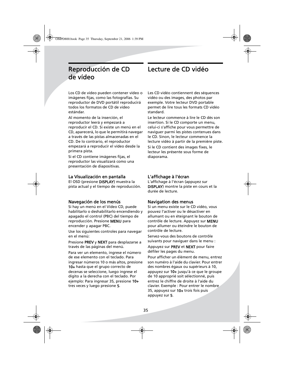 Lecture de cd vidéo, L'affichage à l'écran navigation des menus, Reproducción de cd de vídeo | SpectronIQ PD-1100 User Manual | Page 47 / 92