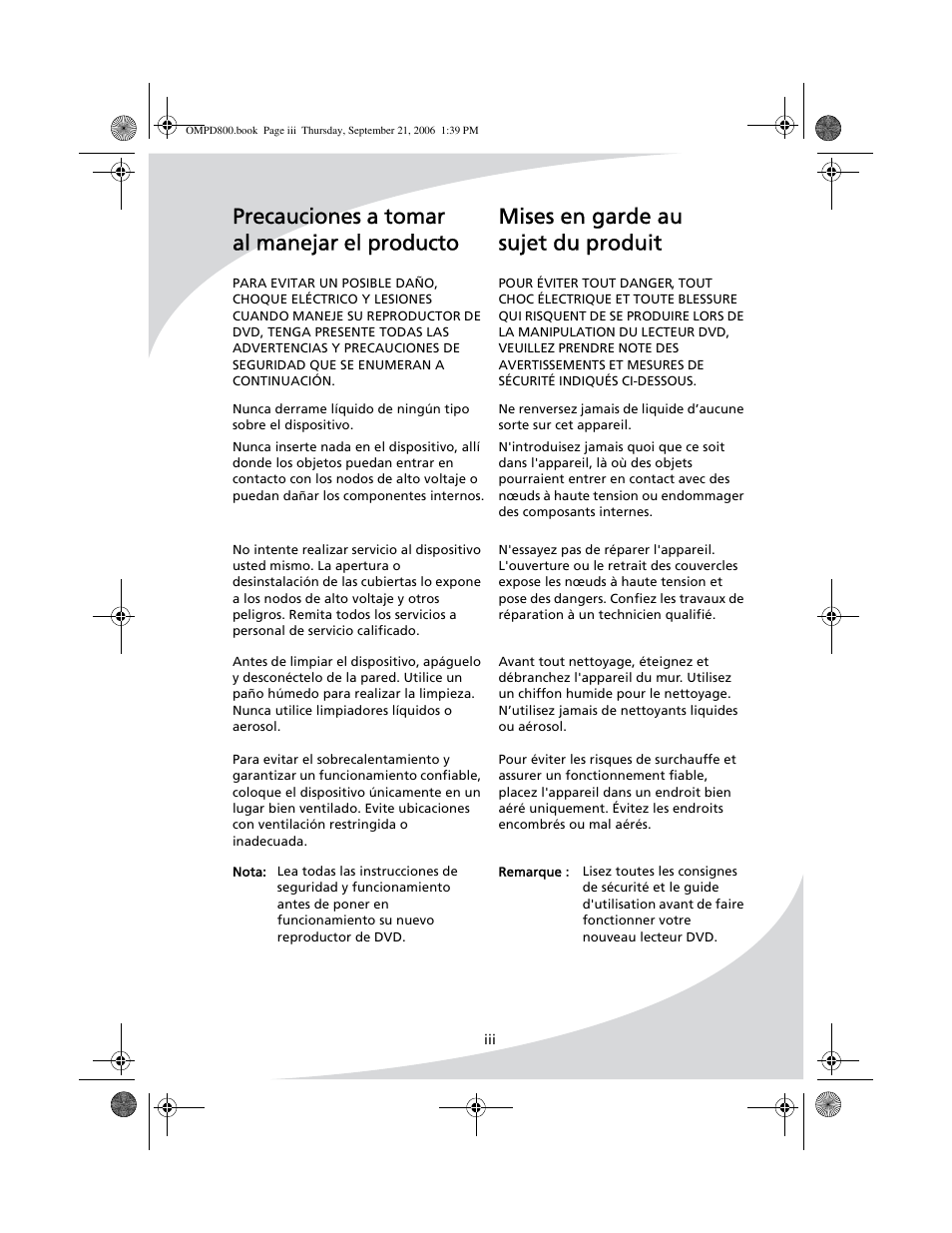 Mises en garde au sujet du produit, Precauciones a tomar al manejar el producto | SpectronIQ PD-1100 User Manual | Page 5 / 92