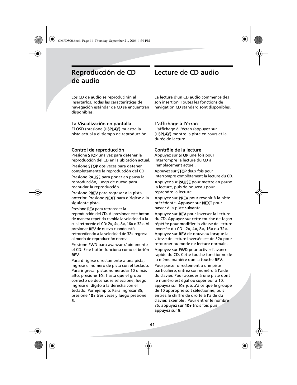 Lecture de cd audio, L'affichage à l'écran contrôle de la lecture, Reproducción de cd de audio | La visualización en pantalla, Control de reproducción | SpectronIQ PD-1100 User Manual | Page 53 / 92